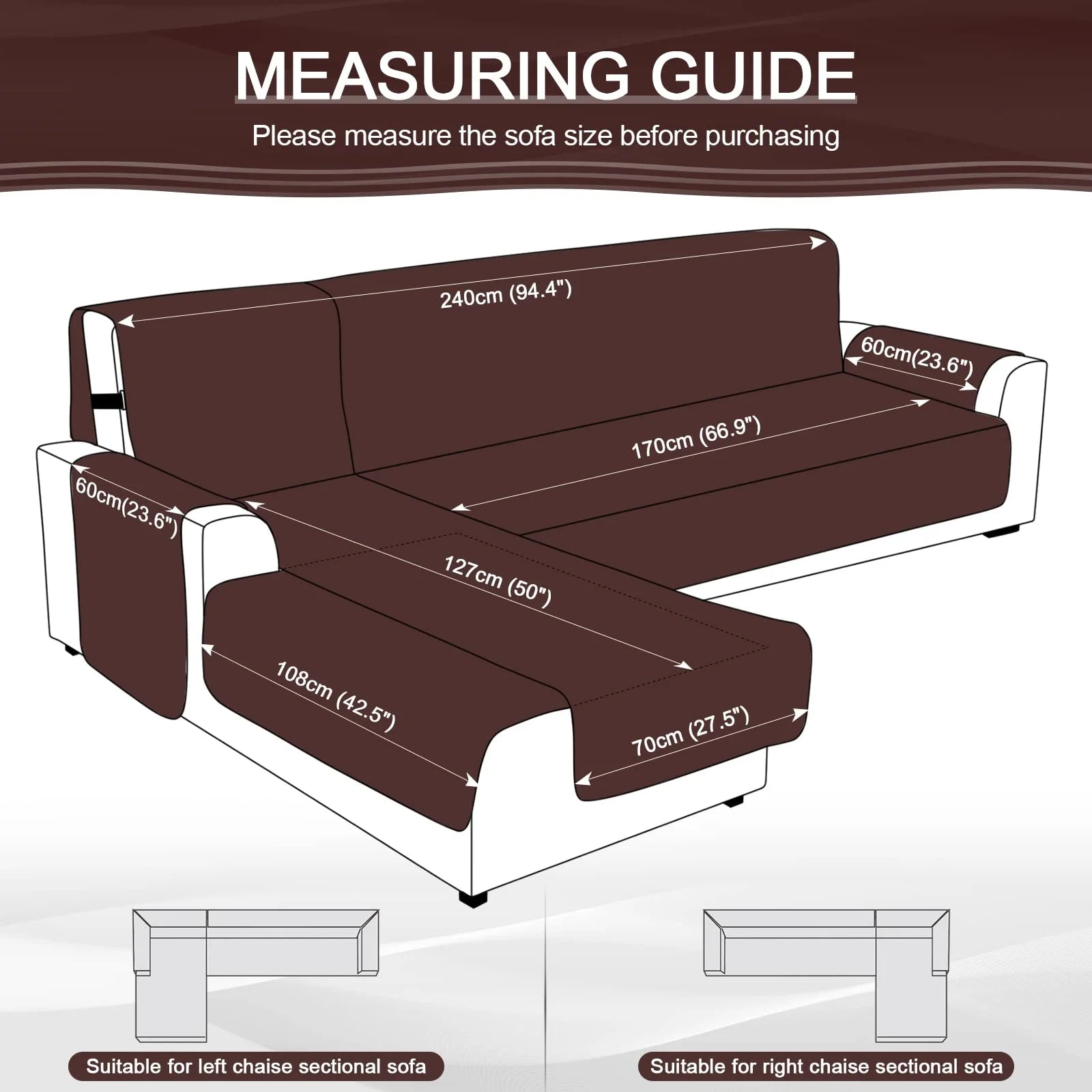 Large/Chocolate Waterproof L Shaped Sofa Covers 3pcs J222410