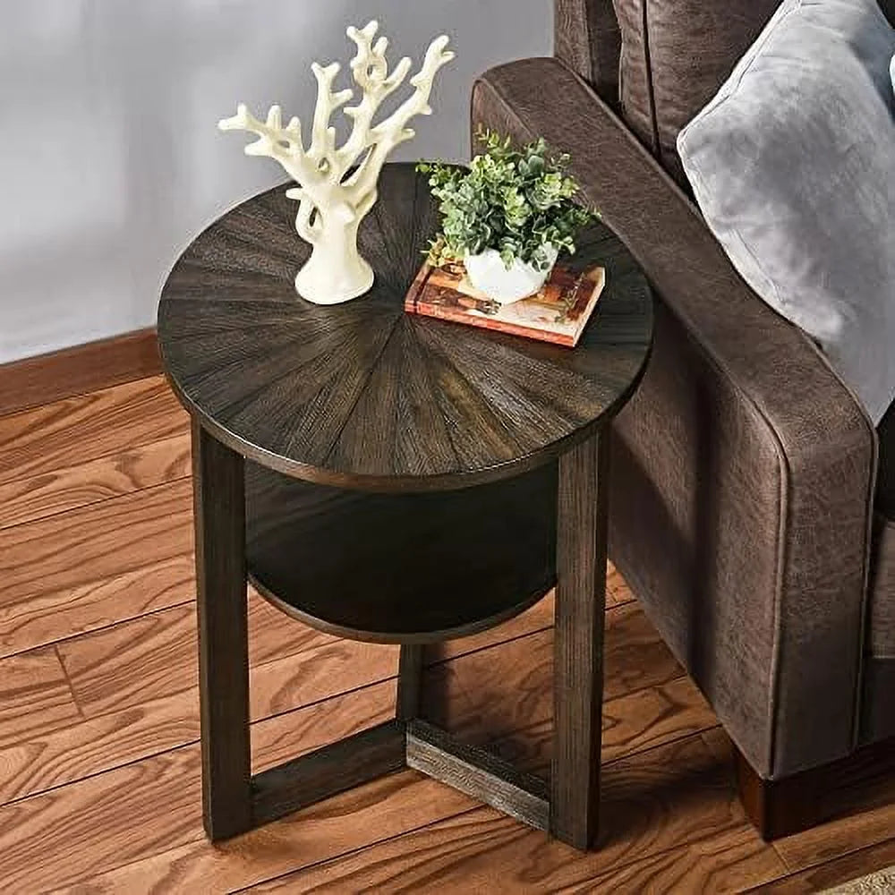 Round End Table Solid Wood 2-Tier Rustic Brown D2272