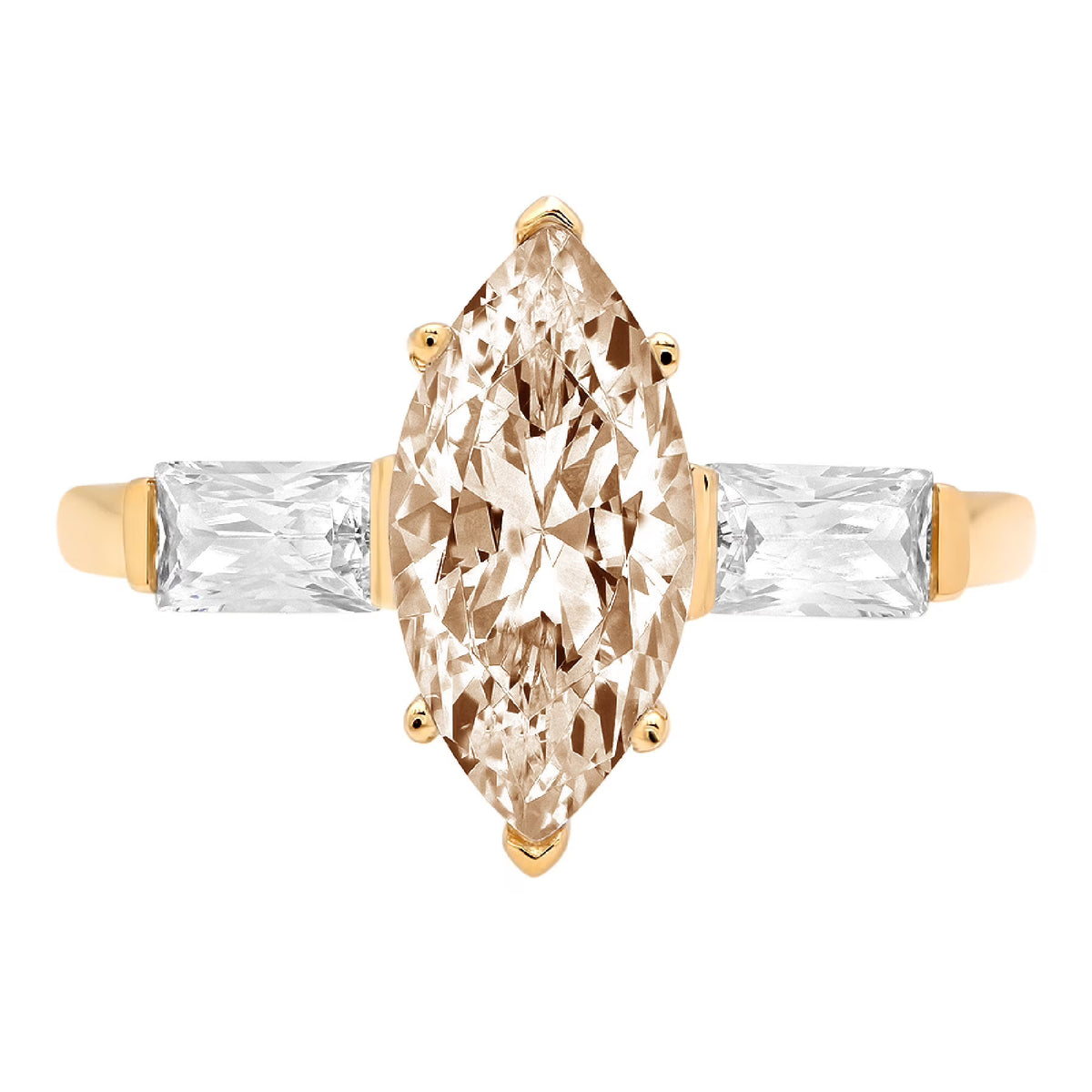 2.0ct Marquise Cut Champagne Simulated Diamond 18k Yellow Gold 3 Stone Ring D8527