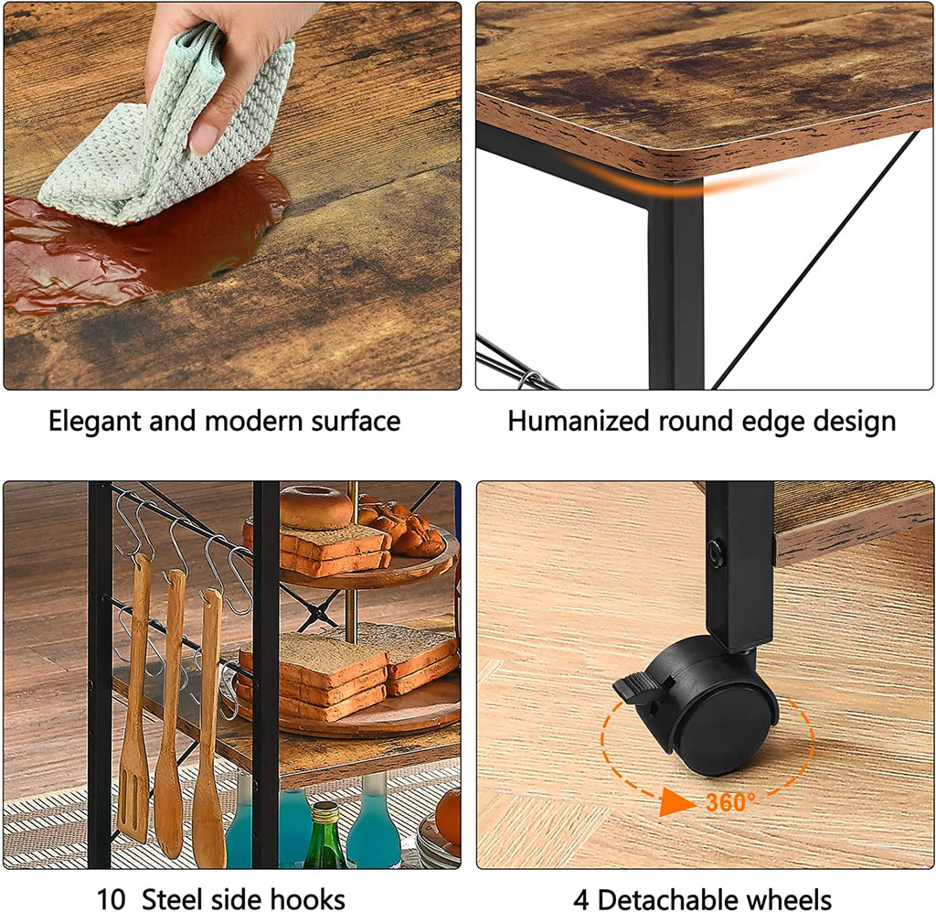 3-Tier Kitchen Utility Storage Shelf with Rolling Wheels, 10 Hooks, Brown F91160