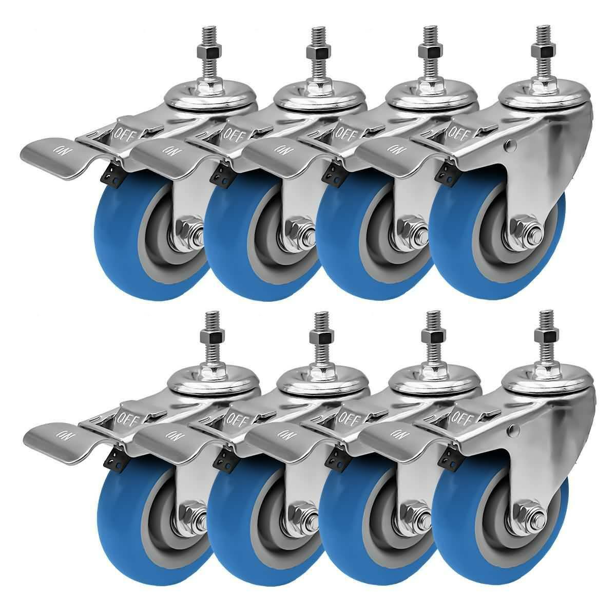 4 inch Blue Caster Wheel with Brake Dual Locking Threaded Stem Mount Polyurethane Wheel T5754