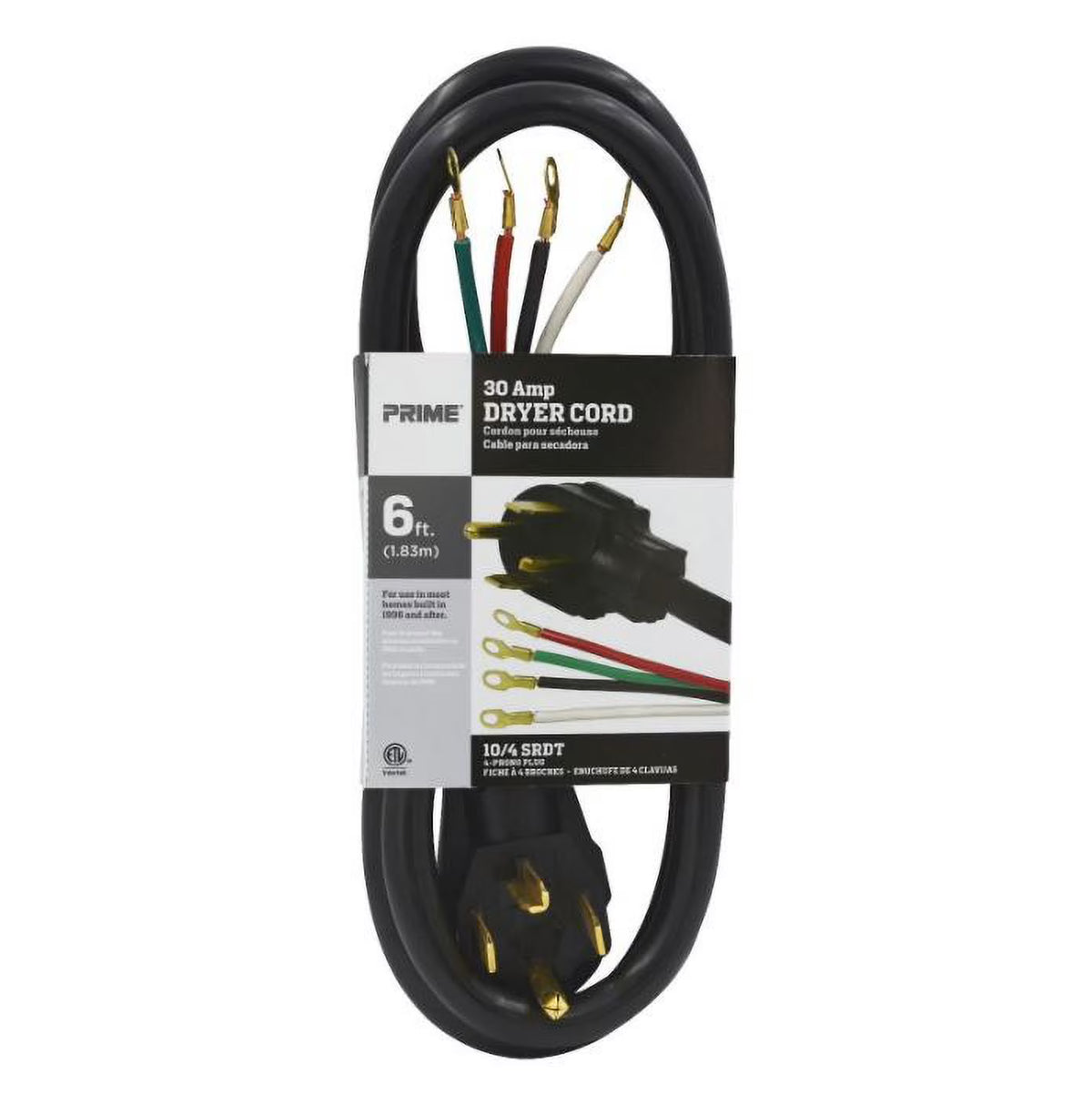 6 Feet 30 Amp Black 4-Wire Dryer Cord D9562