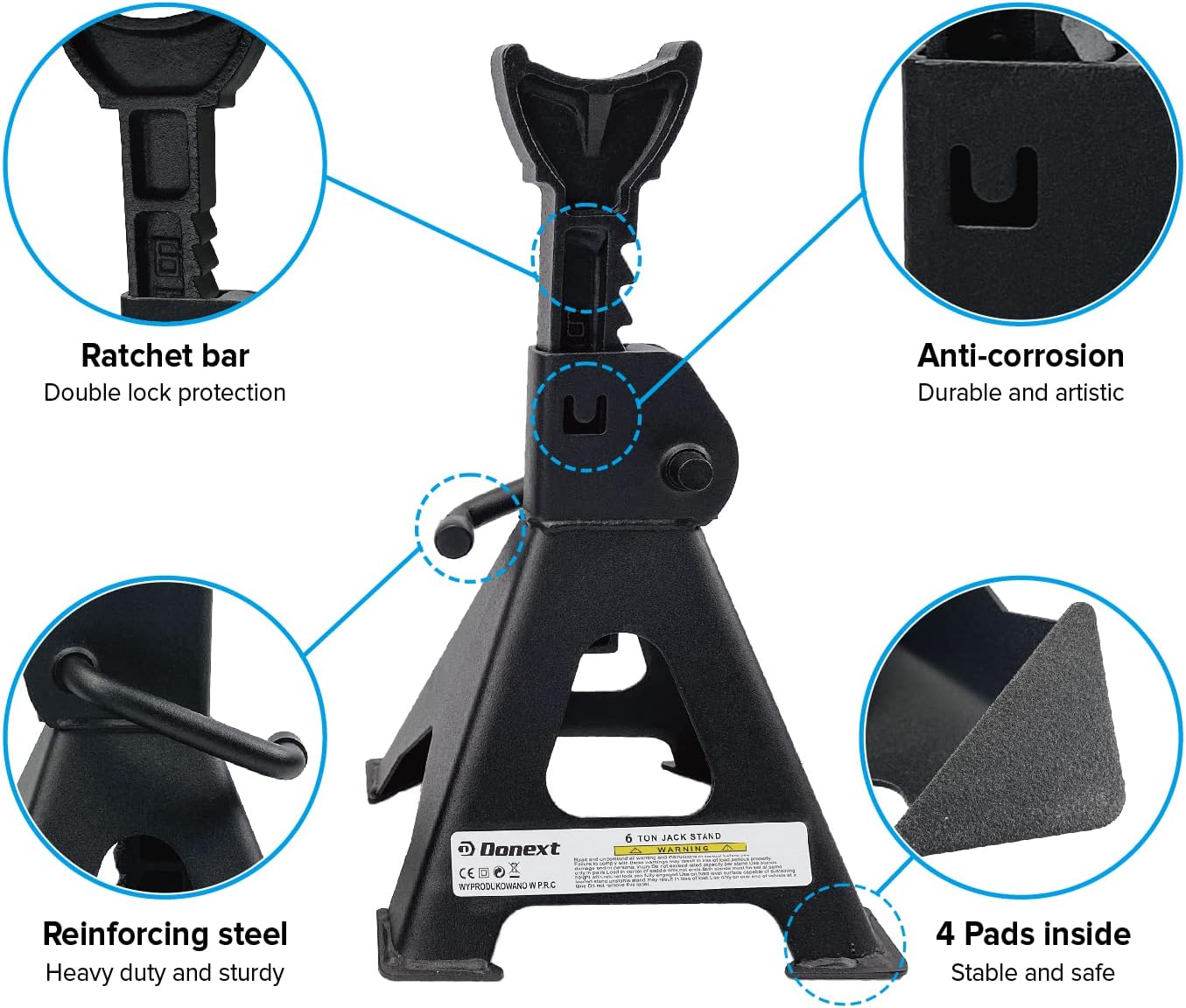 6 Ton Capacity Steel Jack Stands, 1 Pair, Black S17458
