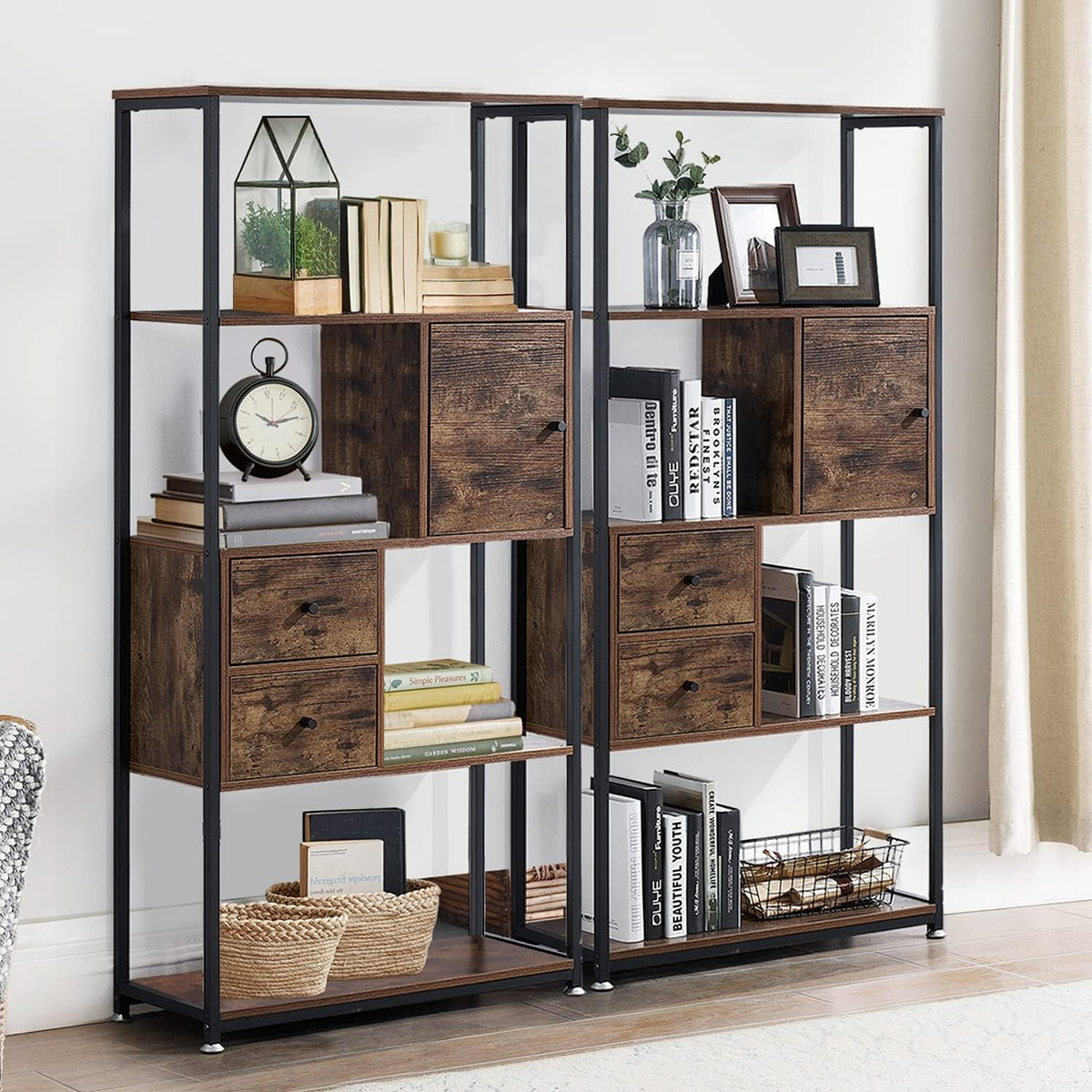 5 Tier Wood Bookcase with Drawer and Door, Rustic Brown C143743
