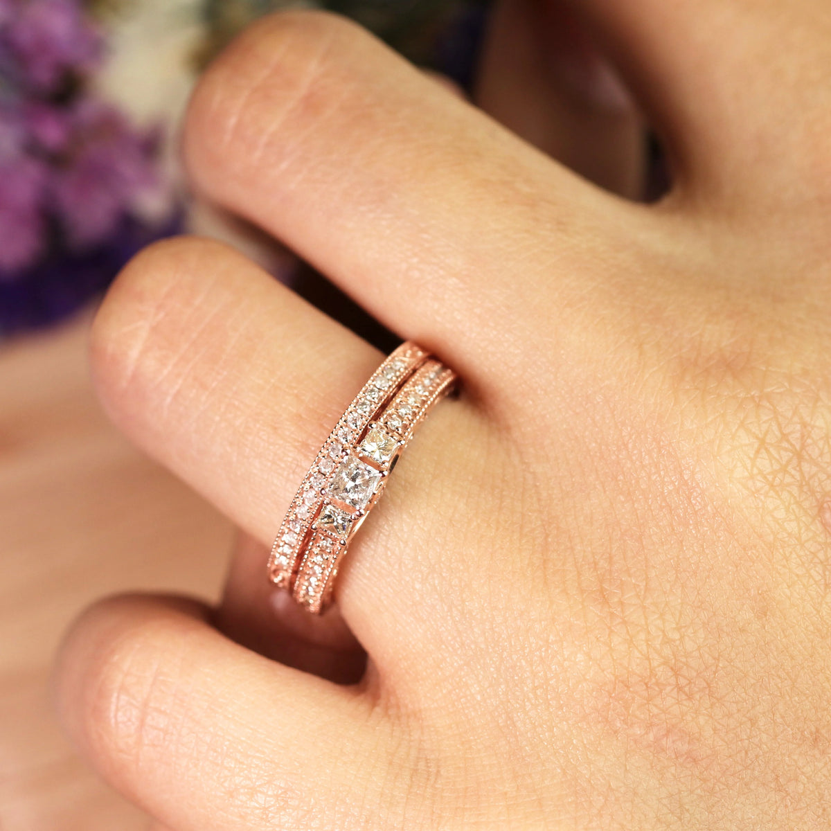 18K Rose Gold over Silver Three Stone Ring Set H47200