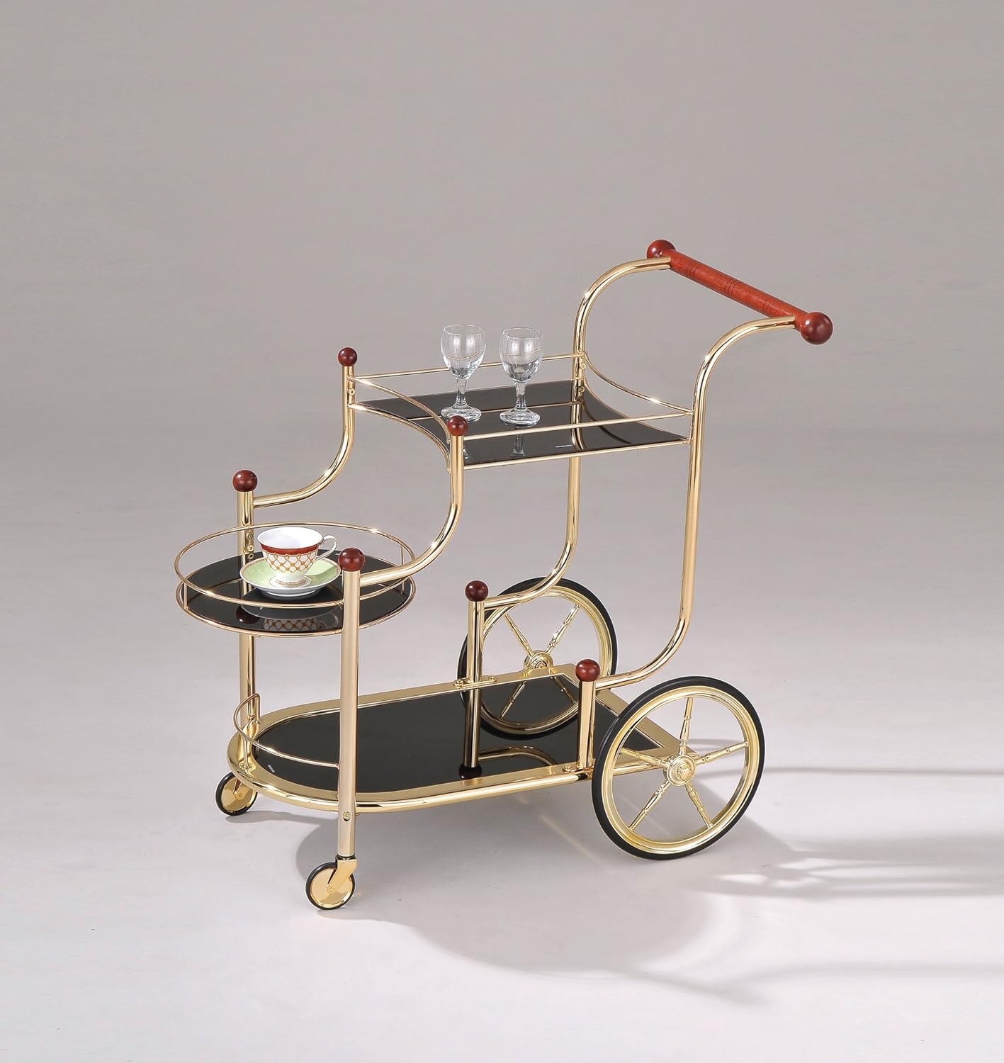 Gold Plated Serving Cart with Cherry Wood and Black Glass R624790