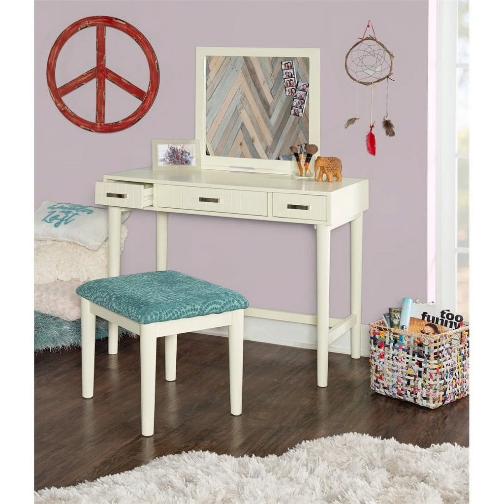 Off-White 3-Drawer Vanity Set with Green Swirl Upholstered Stool P625651