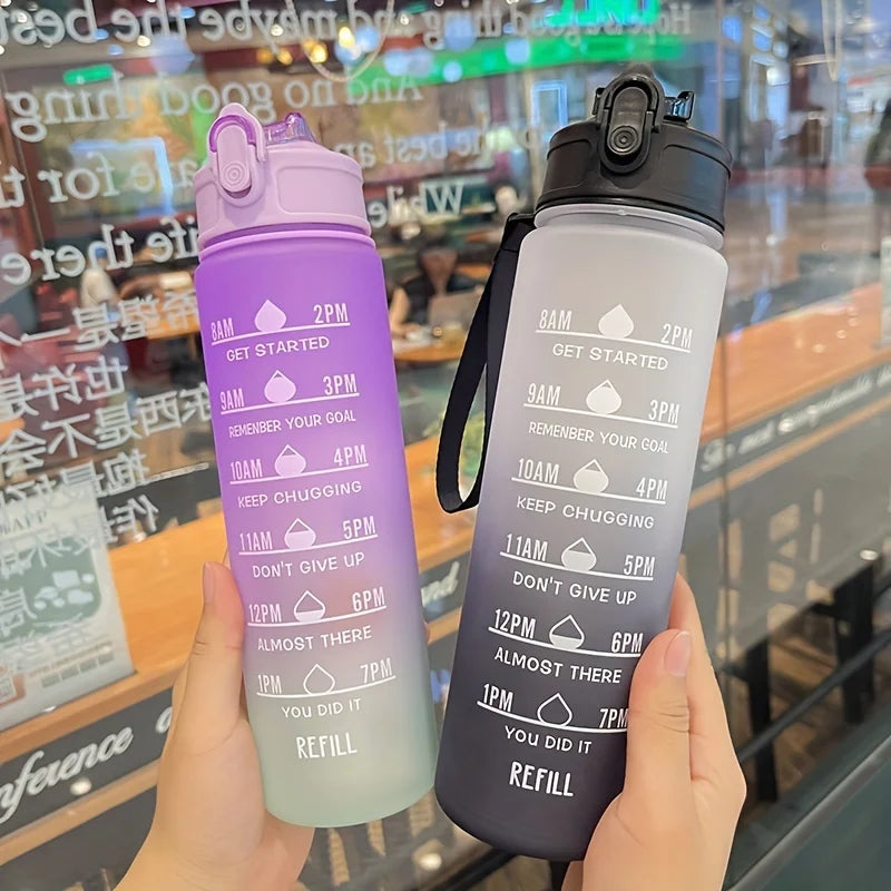 32oz Motivational Water Bottle With Straw & Time Marker, With Carrying Strap F881
